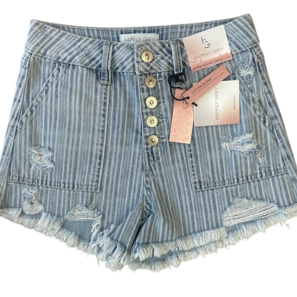 Happily Grey Denim Striped Shorts Super High Rise Wedge Button Fly  1/25 NWT